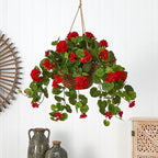 Nearly Natural 24in Artificial Geranium Hanging Basket Faux Floral Plant for Indoor Home Porch Decor, Red