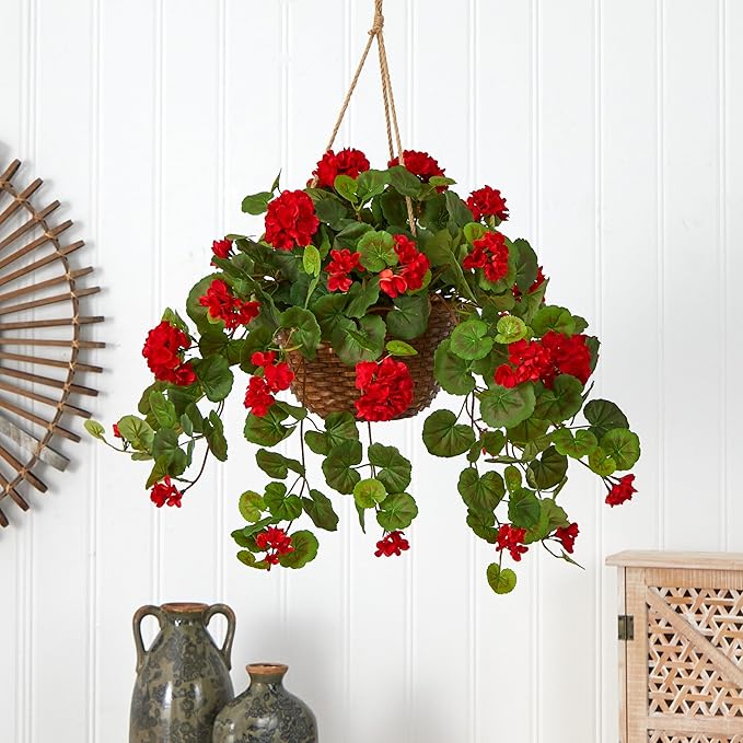 Nearly Natural 24in Artificial Geranium Hanging Basket Faux Floral Plant for Indoor Home Porch Decor, Red