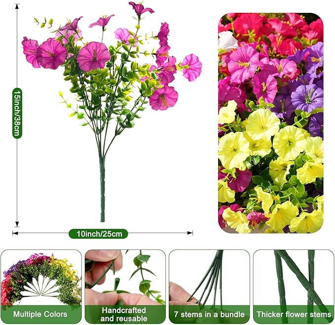 Fanfantoey Artificial Flowers for Outdoor, UV Resistant Fake Plants Outside Decoration, 14 Pcs Realistic Silk Morning Glory Faux Flowers for Porch Patio Gardens Home Decor(14, 4 Mixed)