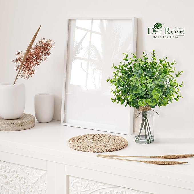 Der Rose 14.5" Fake Plants for Bathroom Decor Artificial Eucalyptus Stems in Clear Glass Vase with Faux Water for Office Desk Accessories Home Wedding Decor