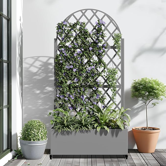 Casaphoria Metal Raised Garden Bed with Trellis and Wheels, 72"x35"x16" Arched Planter Box for Climbing Plants, Vegetables & Vines, Features Drainage Holes and Privacy Screen (Grey-Laurence)