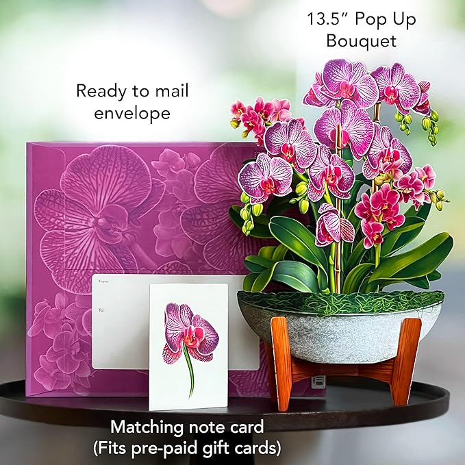 Freshcut Paper Pop Up Cards, Orchid Oasis, 12 Inch Life Sized Forever Flower Bouquet 3D Popup Greeting Card, Anniversary Card, Mother's Day, Blank Notecard & Envelope