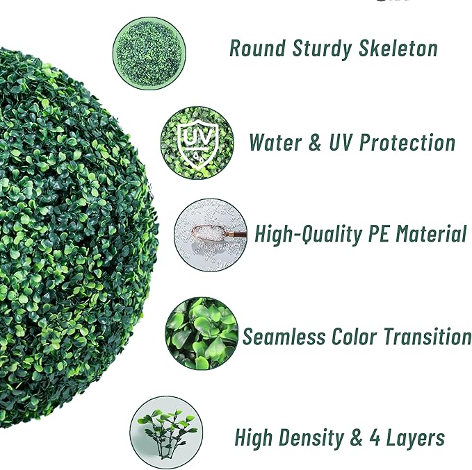 19 Inch 2 Packs Artificial Boxwood Balls Topiary Balls, 4 Layers of UV-Resistant Greenery Balls Indoor Outdoor Garden, Backyard, Patio, Front Door – Assembly Required
