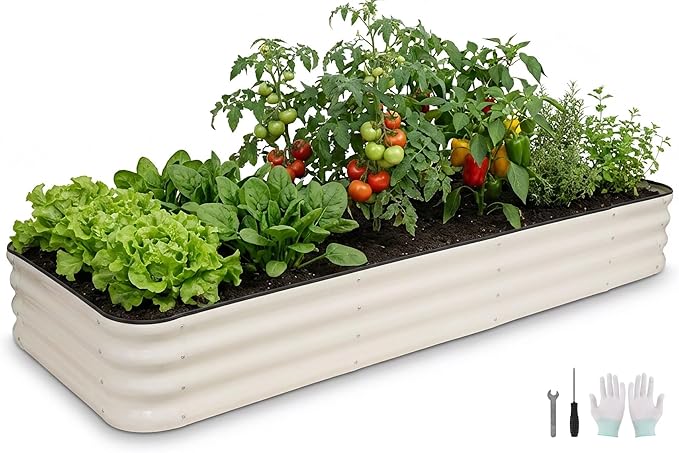 5 in 1Galvanized Raised Garden Bed - 8x3x1ft Modular Garden Planter Bed Outdoor | Steel Raised Bed Kit with Bracing Rods, Gloves for Gardening Vegetables Fruits and Flowers (White)