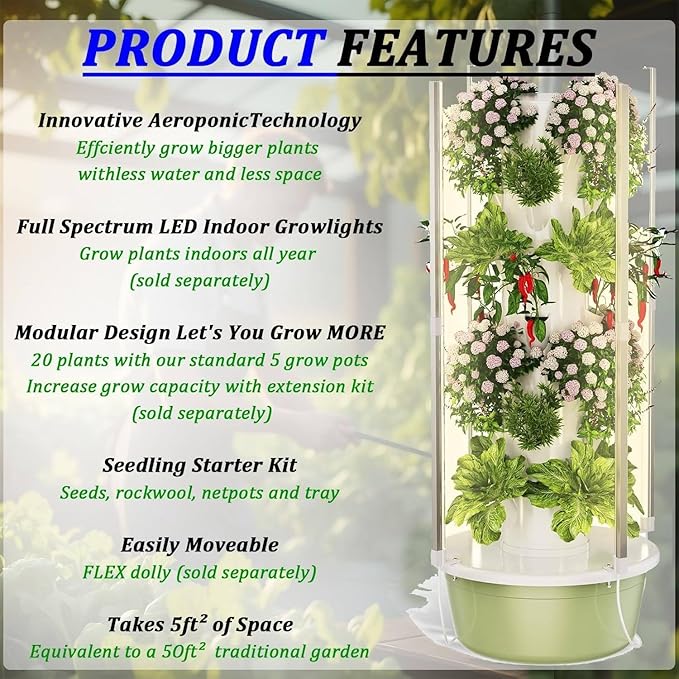 Hydroponics Tower Indoor Growing System Vertical Garden Planter Indoor Smart Garden Kit with Pump and Movable Water Tank,for Herbs, Fruits and Vegetables 5Layer-WithLight