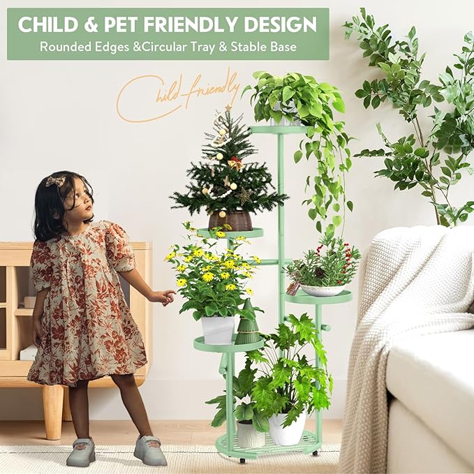 TOSKING 5 Tier Metal Plant Stand Indoor，Anti-Tip Round Base for Pots, Child & Pet Friendly,Plant Shelf, Corner Shelf Flower Pot Stand for Outdoor Plant Stand for Living Room Balcony Garden Patio Bedroom (Green, 42in)
