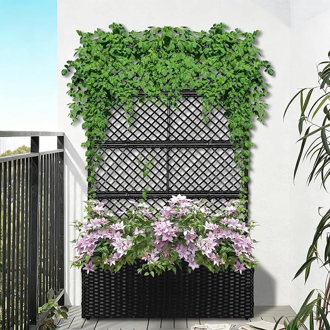 52’’ H Garden Planter Box with Trellis Outdoor for Vine Climbing Plants, Flowers Handwoven Rattan Garden Bed with Removable Liners for Backyard Patio Balcony
