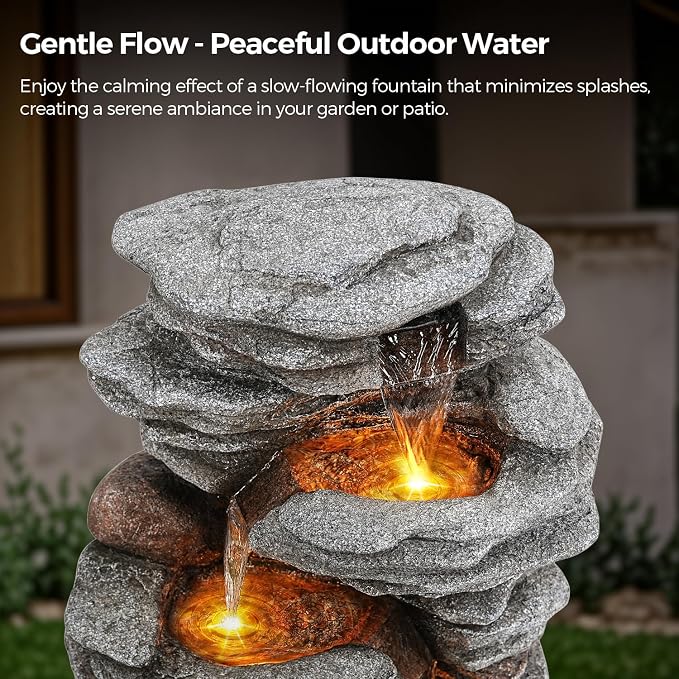 Jocoevol 40" Outdoor Water Fountain with LED Lights - 5-Tier Cascading Rock Waterfall Fountain, Natural Rock Look, Ideal for Garden, Landscaping, Patio, Balconies and Yard Decor