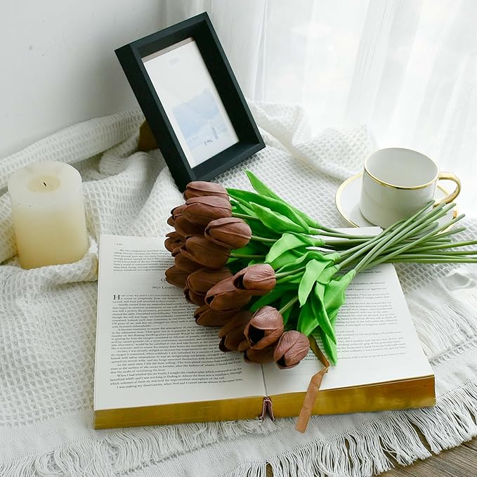 Mandy's Brown Artificial Tulips Flowers Centerpiece, 13.5" Lifelike PU Fake Floral Stems 20pcs for Kitchen Island & Dining Table, Spring Decor for Easter