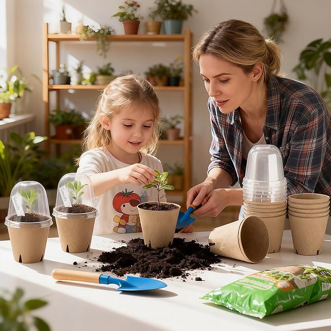 50 Set 3.15 Inch Peat Pots Plant Starters for Seedling with Humidity Dome,Herb Seed Starter Pots Kits, Garden Germination Nursery Pot wit 50 Plant Labels, 2 Transplant Tools.