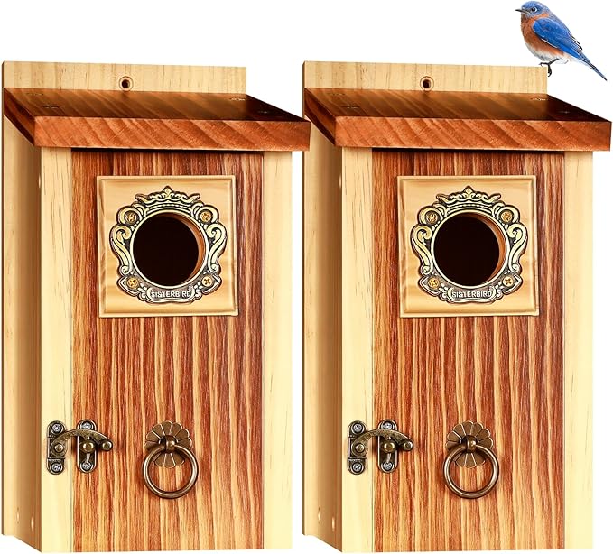 SISTERBIRD Premium Pack of 2 Bluebird Houses for Outside, Garden Bird Houses for Outdoor, Vintage Metal Predator Guard, Birdhouse Gift, Weatherproof Coating Bird Nesting, Assembly Required