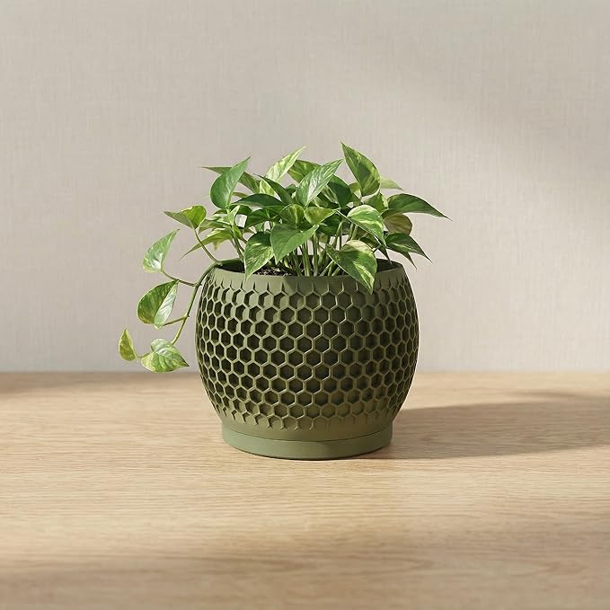 Plant Pots, Modern 3D Printed Honeycomb Planters for Indoor Plants, 4.7 Inch Military Green Decorative Flower Pot for Office Desktop, Bookshelf & Home Decor, Lightweight & Durable.