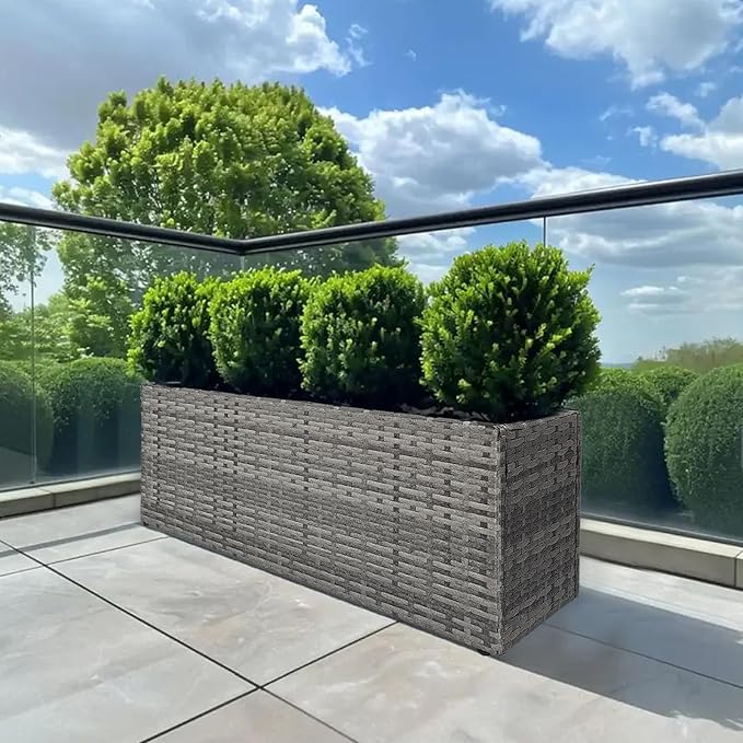 SUNNYPARK Gray Rectangular Planter Box All-Weather PE Rattan Large Modern Planters with Removable Liner Indoor Outdoor Decorative Flower Pot for Patio, Balcony, Garden