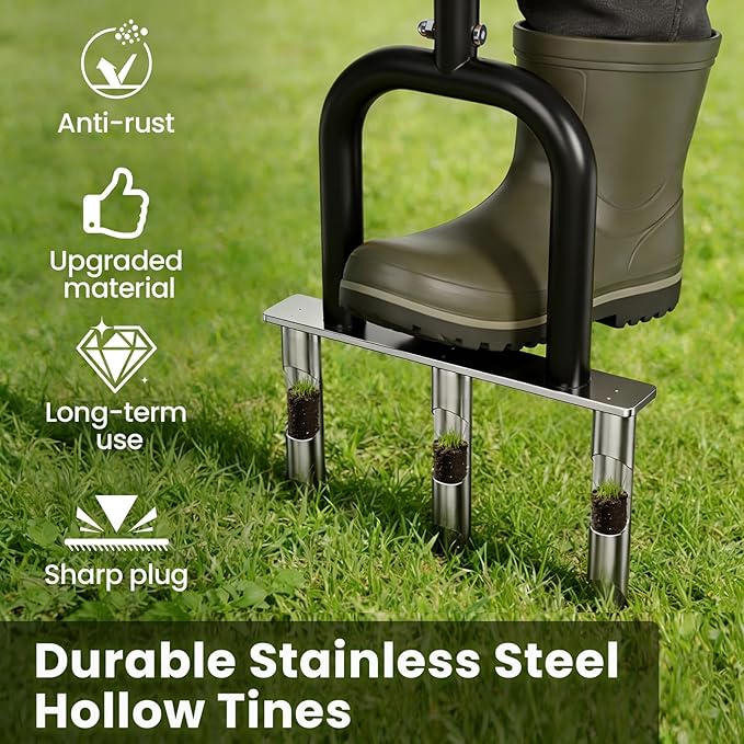 Lawn Aerator, Stainless Steel Lawn Aerator Tool with 3 Hollow Tines, Yard Grass Soil Core Aerator, Manual Lawn Plug Aerators, Core Aeration Tool for Lawn Garden Compacted Soil (Black)