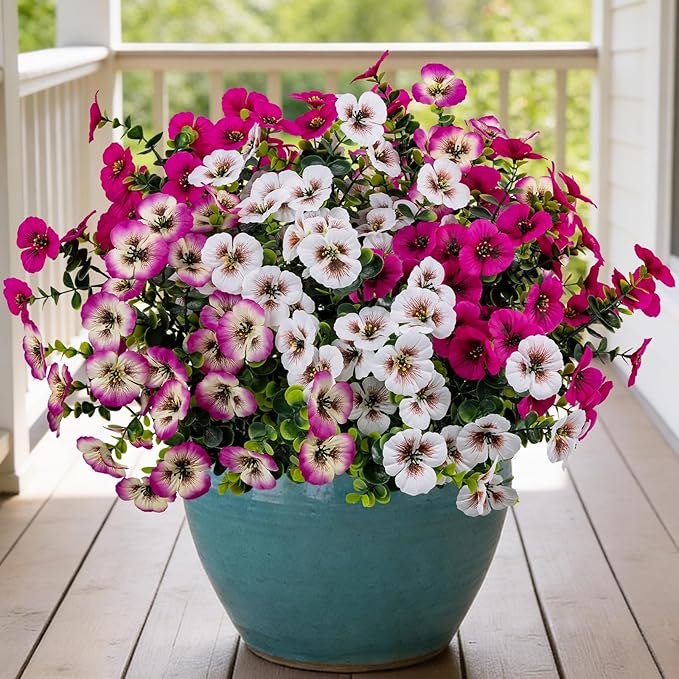 17 Inch Artificial Faux Pansy Flowers for Outdoor,Fake Pansies Flowers with Eucalyptus Leaves Fake Plants Greenery Boxwood Porch Patio Decor 6 Bundles(White,Rose White,Rose Red)