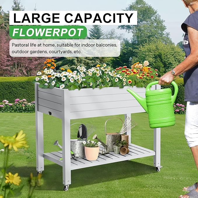 Durable Resin Raised Garden Bed with Drainage Holes & Reinforced Corners - Lightweight Flower Boxes Outdoor for Vegetables, Herbs, and Patio Garden Enclosure System (Ashen, 43.31*17.72*33.66)