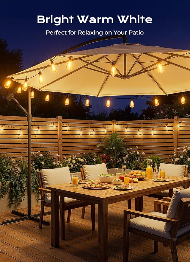 Brightown 108FT 50+2 LED Solar String Lights Outdoor Waterproof, Patio Lights with Remote and Shatterproof Bulbs, Dimmable & Timable, 3 Light Modes, Solar Lights Outdoor for Yard Garden Camping Party