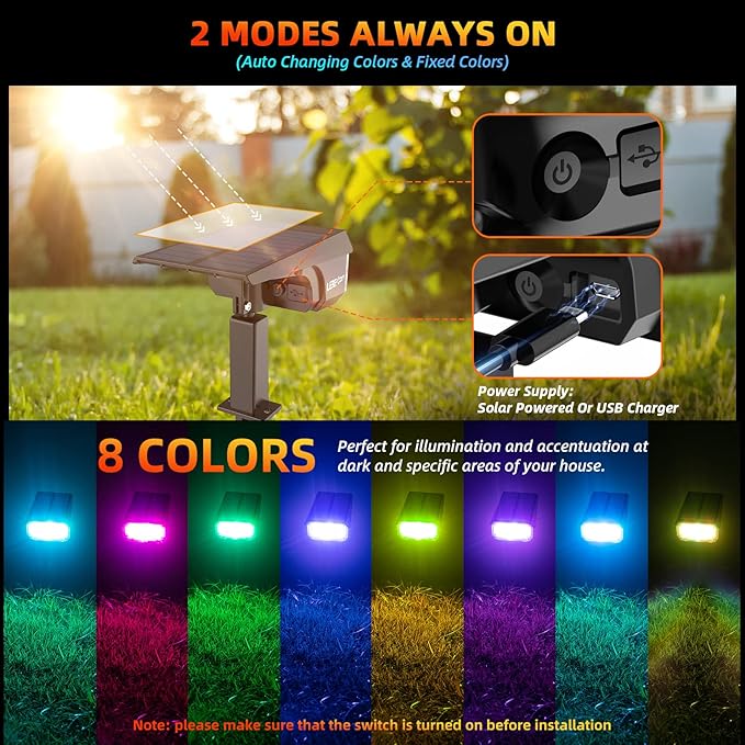LEREKAM Solar Spot Lights Outdoor Color Changing, IP65 Garden Lights Solar Powered Waterproof with 9 Light Modes, Colored Landscape Lighting Auto On/Off, for Garden Pool Area Pond Yard, 10 Pack