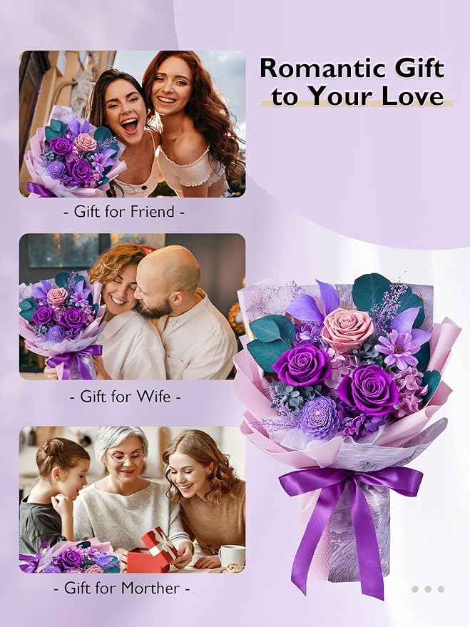 Eterfield Flowers for Delivery Prime, Mother's Day Forever Flowers Bouquet, Preserved Roses and Purple Flowers Birthday Gifts for Her Women Wife Mom Grandma Anniversary Valentines Day Christmas