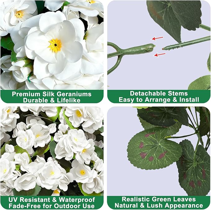 TURNMEON Artificial Geraniums Flowers for Outdoors Summer Decoration, 4 Bundles Fake Flowers Silk White Flowers UV Resistant No Fade Faux Plants for Planter Gardens Table Porch Indoor Cemetery Decor