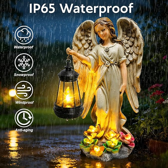 Solar Garden Statue Angel Figurine - 11.8 Inch Fairy Garden Angel Decor with Hanging Solar Lanterns and Succulent LED Lights for Balcony Patio Lawn Yard Ornaments, Mothers Day Gifts for Women Mom