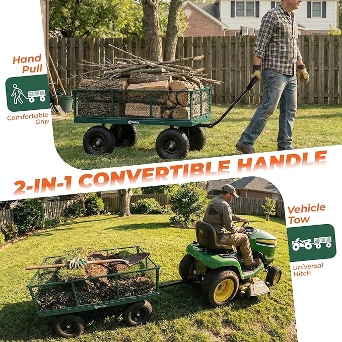 Sekey 1400lbs Heavy Duty Steel Garden Cart for Farm & Construction, 7.7 Cu.Ft. Extra-Large Utility Wagon with Removable Sides, 2-in-1 Towable Handle, 13" Rubber Tires, Green