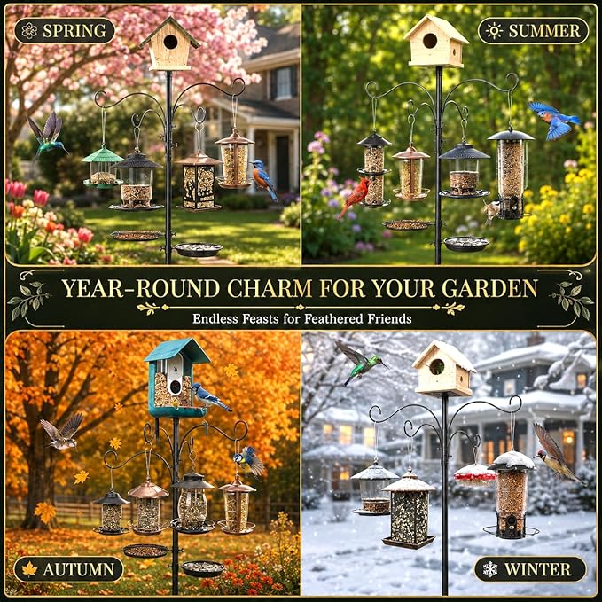107" Squirrel Proof Bird Feeder Pole with 9 Prongs Base & Squirrel Baffle | 107 Inch, Squirrel Baffle, 9 Prongs Base, 1 Inch Dia, Adjustable, Bird Birdbath, Feeding Tray