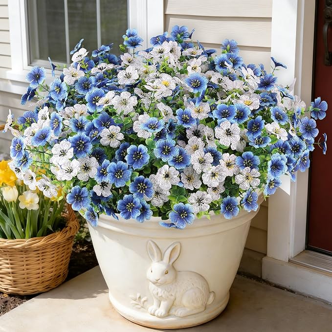 16 Bundles Artificial Flowers for Outdoors, Realistic Fake Silk Flowers for Outside, No Fade Faux Eucalyptus Plants for Outdoor Planter, Window Box, Hanging Basket - Porch Patio Garden Decor