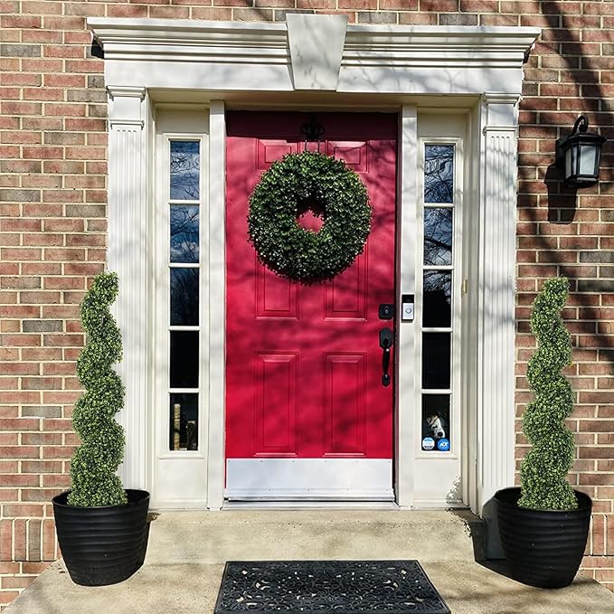 THE BLOOM TIMES 4ft Tall Spiral Topiary Trees Artificial Outdoor Set of 2, 48 Inch UV Resistant Large Faux Evergreen Fake Boxwood Plants for Front Porch Outside Planter Entryway Entrance Decor 4 Foot