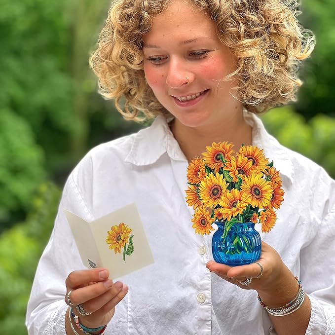 Freshcut Paper Pop Up Cards, Mini Sunflowers (Set of 2), 6 Inch Mini Sized Forever Flower Bouquet 3D Popup Greeting Card, Birthday Cards, Thank You Card, Blank Notecard & Envelope