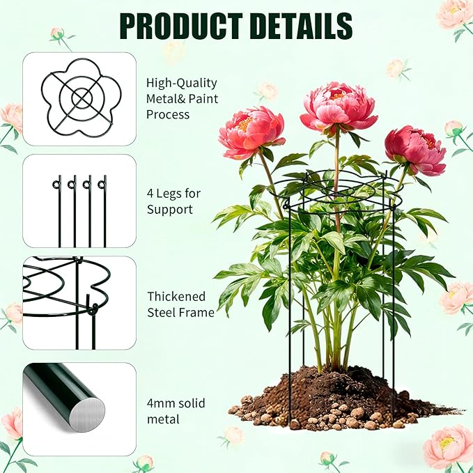 Peony Cages and Supports 8 Pack, 13" Dx24 H Grow Through Plant Supports，Heavy Duty Metal Plant Support Cage for Outdoor Flowers, Tomatoes, Hydrangeas, Cucumbers & Strawberries