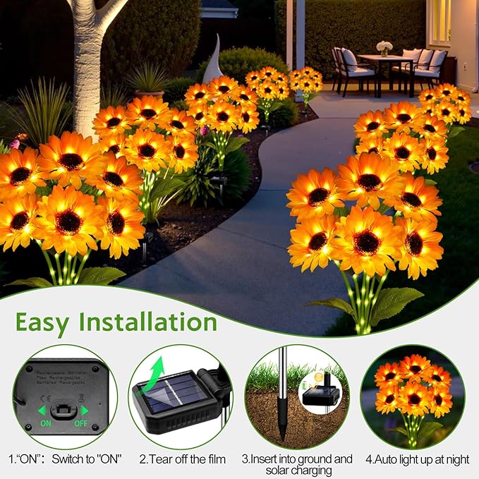 Solar Sunflower Lights Outdoor Garden Decor, 4 Pack Solar Flowers Lights with 18 Sunflowers, Waterproof Fall Decor Stake Decorative Light Auto ON/Off for Garden Yard Patio, Gift for Women