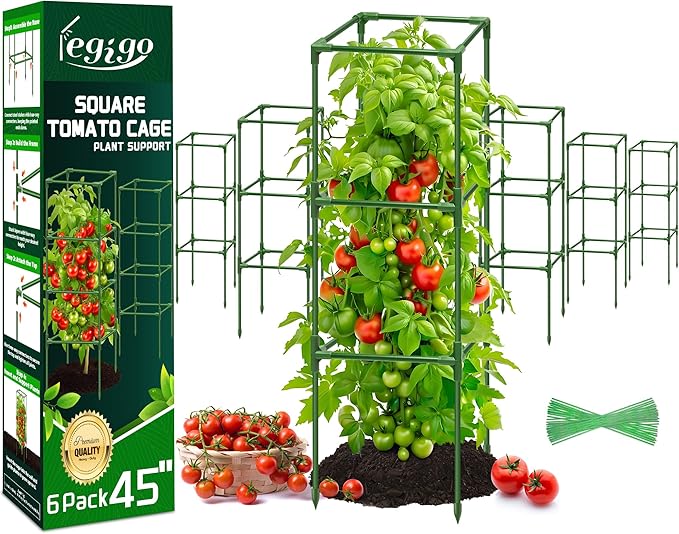 Legigo 6 Pack Square Tomato Cages- 45 Inch Heavy Duty Tomato Trellis for Climbing Plants Outdoor, Tomato Plant Support Stakes Cage Garden Trellis for Garden Raised Garden Bed Cucumbers Vegetables