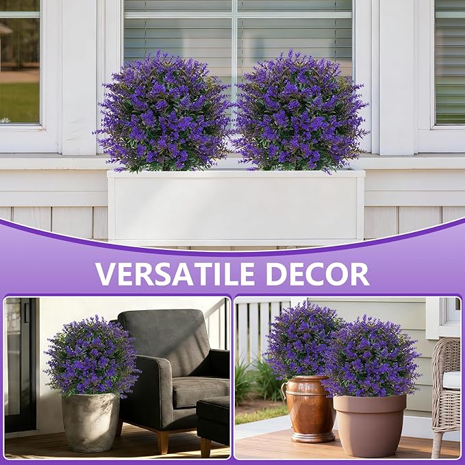 Grooy Artificial Lavender Topiary Ball for Outdoors, Set of 2 Boxwood Plant Tree with Spike, Fake Shrubs UV Resistant Faux Plants for Indoor Outdoor Decor