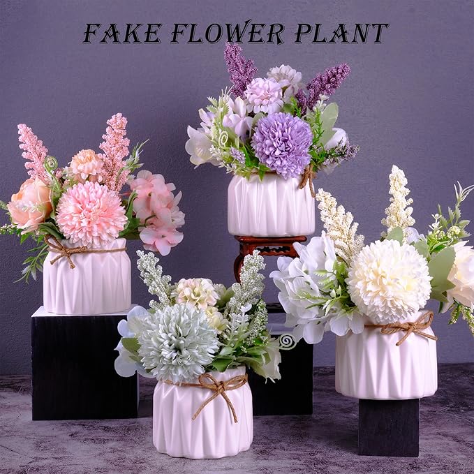 Artificial Potted Flowers, Small Ceramic Vase Fake Flower Plants Desktop Decoration Indoor for Home and Office, Faux Flowers Hydrangea Decora for Table,Bookshelf,Bedroom,Living Room,Party.(Green)