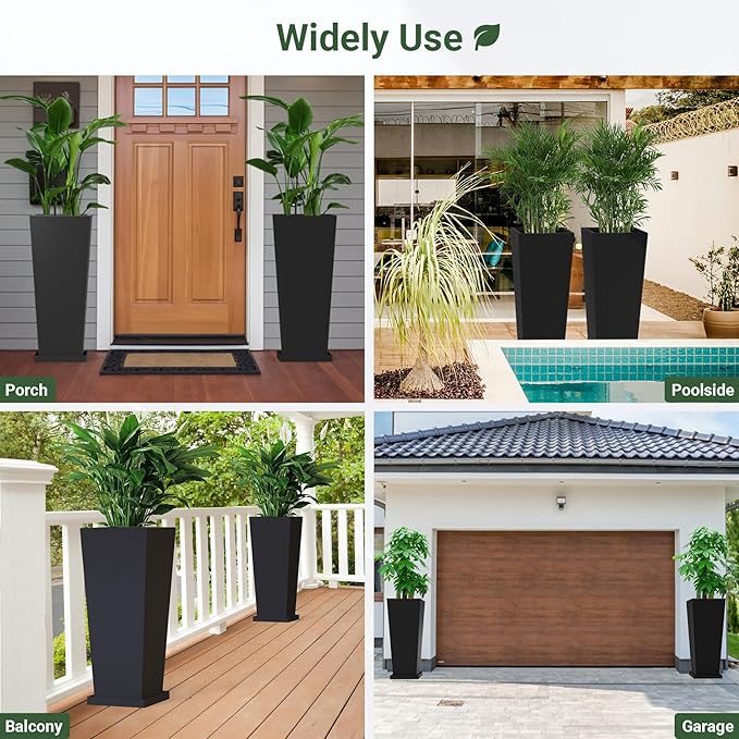 Metal Tall Planters 30inch Set of 2,Durable Taper Planter with Drainage Insert Shelve & Trays, Metal Outdoor Planter Box for Porch, Garden, Patio, Yard (Black)