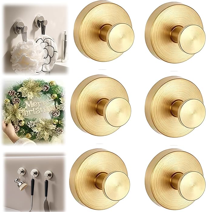 Suction Cup Hooks for Wreaths on Glass, Suction Cup Hooks for Inside Shower, Wreath Hangers for Front Doors, Metal Towel Hooks for Showers Bathrooms Mirrors (6, Gold)