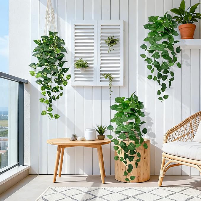 Artificial Hanging Plants with White Pots –2 Pack Fake Pothos Potted Plants Faux Ivy Vines 31.5‘’, Realistic Greenery Hanging Fakeplants Indoor for Home Decor, Bedroom, Bathroom, Office, Living Room