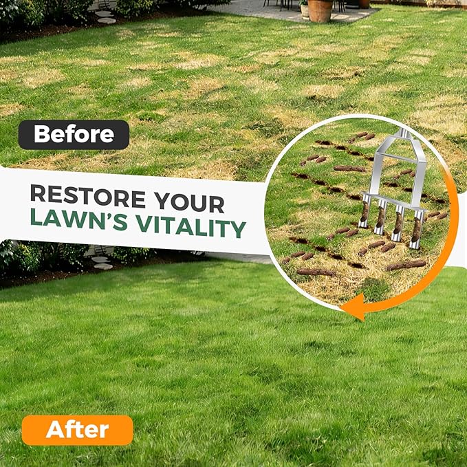 Suntee Lawn Aerator Tool, All Stainless Steel Manual Core Aerator Lawn Tool with 4 Hollow Tines, Adjustable Height Semi-Assembled Heavy Duty Steel Grass Aeration for Lawn Care, Silver