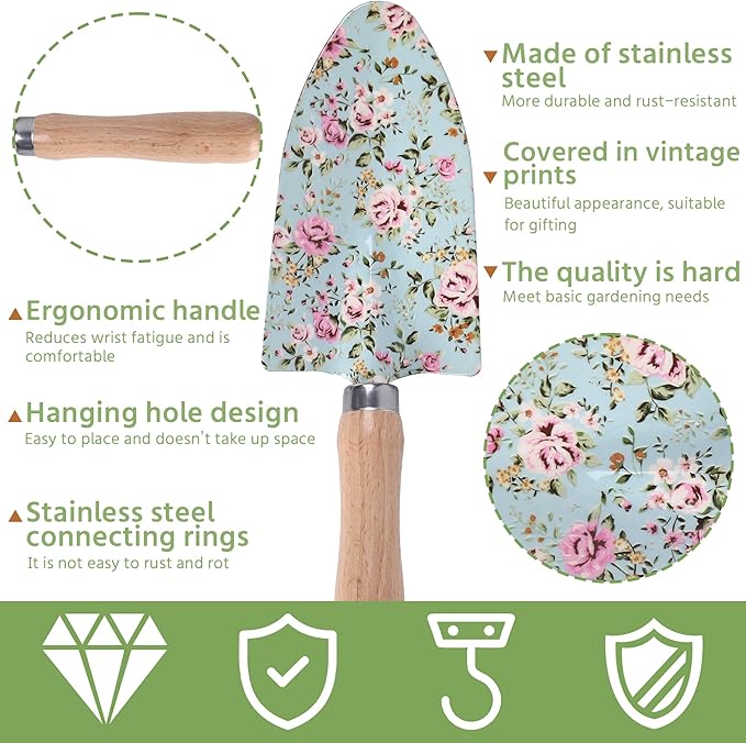 10-Piece Floral Garden Tools Set with Tote Bag, Heavy Duty Gardening Kit with Pruning Shears, Trowels, Rake, Sprayer, Kneeling Pad & Gloves - Gift for Women, Gardener, Mother's Day