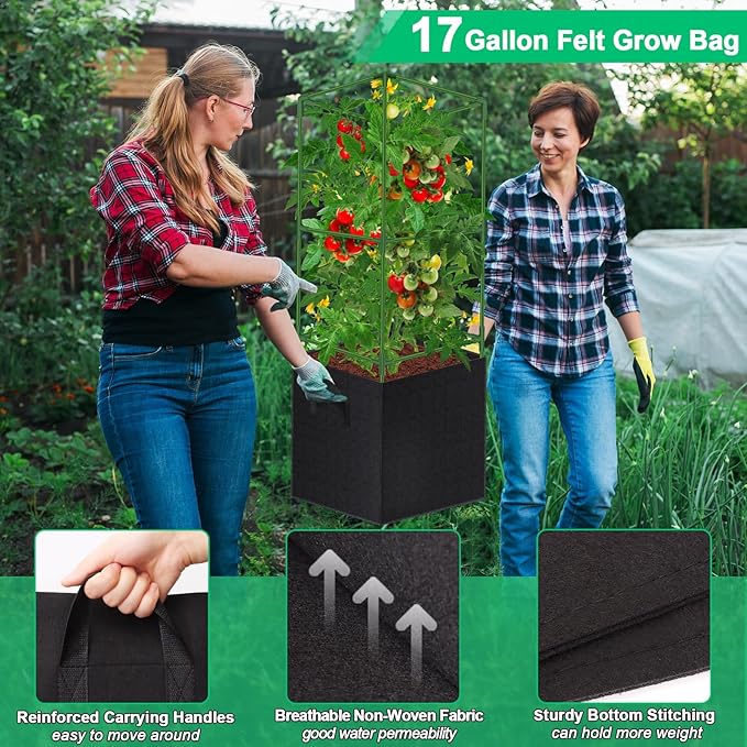 WLLEYAY 3 Pack Square Tomato Cages with 17 Gallon Grow Bags, 46'' Upgraded Heavy Duty Steel Garden Plant Support Stakes Kit, Flowers Vegetable Trellis for Vertical Climbing Plants Vines