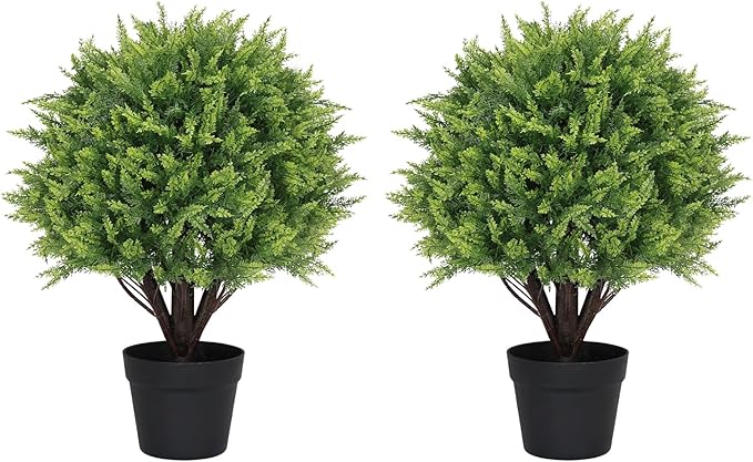 24" Artificial Outdoor Plants Set of 2 – UV Resistant Faux Cedar Topiary Trees, Realistic Fake Bushes and Shrubs for Front Porch, Patio, Outside Planters Decor