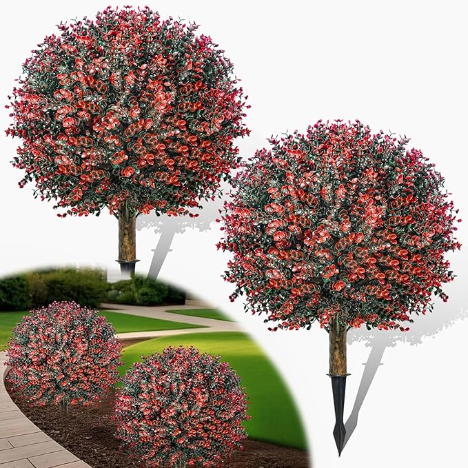 2 Pack 24" Red Rose Boxwood Topiary Ball Trees with Ground Stakes– UV Resistant Fake Shrubs & Bushes for Outdoor Porch, Front Door & Garden Planter Decor