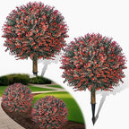 2 Pack 24" Red Rose Boxwood Topiary Ball Trees with Ground Stakes– UV Resistant Fake Shrubs & Bushes for Outdoor Porch, Front Door & Garden Planter Decor