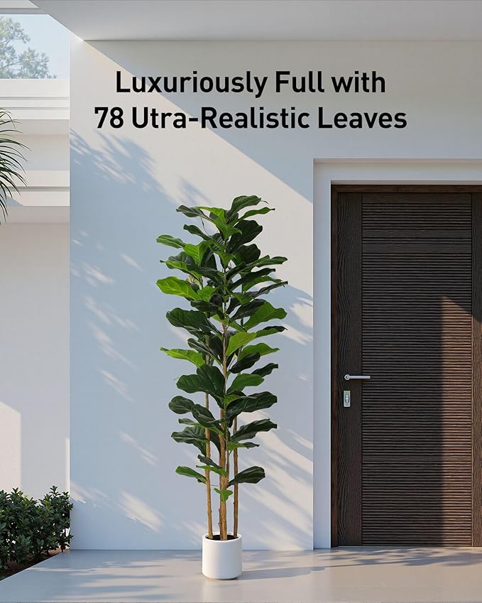 Fiddle Leaf Fig Tree, 6FT Faux Trees Indoor,Tall FakeTree with Decorative planters,Natural Wood Trunk & Realistic Fiddle Leaf, Artificial Plants for Home Office, Living Room, Outdoor
