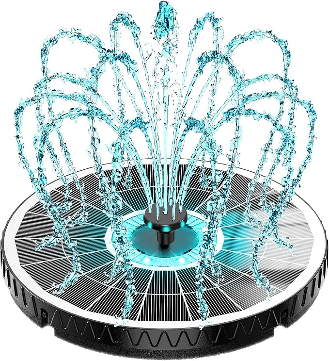 Yzert 2026 Remote Solar Powered Fountain, 6W Glass Bird Bath Fountain with 4000mAh Battery, 7 Nozzles, 4 Fixers & 8 Colorful LEDs, Adjustable Water Height for Outdoor Garden Pond Pool