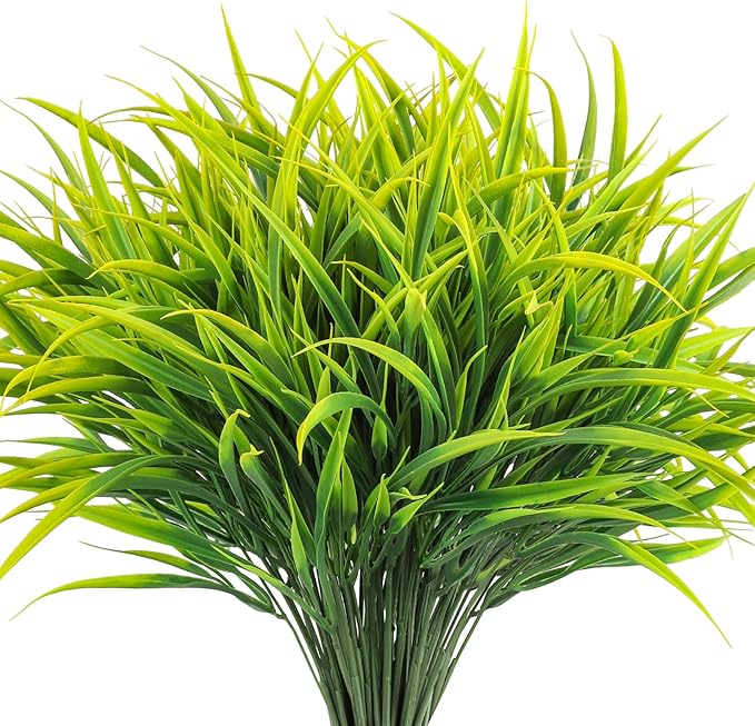 Ouddy Decor 16 Bundles Artificial Plants Outdoor Fake Grass Greenery Stems UV Resistant Faux Plastic Plants Shrubs for Spring Summer Garden Pathway Window Box Farmhouse Front Porch Home Decor, Yellow