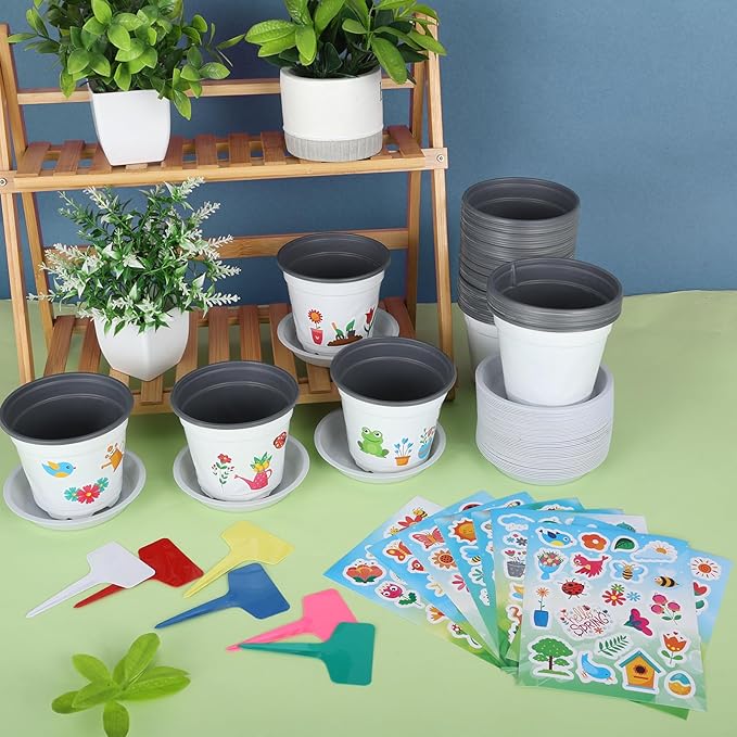 Garden Flower Pot Craft Kit, 48 Paintable Durable Resin Garden Pot with Tray Drainage Holes Adhesive Stickers and Plant Labels, Flower Plant Craft for Classroom Home DIY Flower Planting