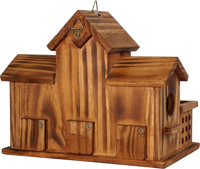 MIXUMON Bird Houses for Outside with Bird Feeder, Outdoor 3 Hole Bird House Room for 3 Bird Families Bluebird Finch Cardinals Hanging Birdhouse for Garden