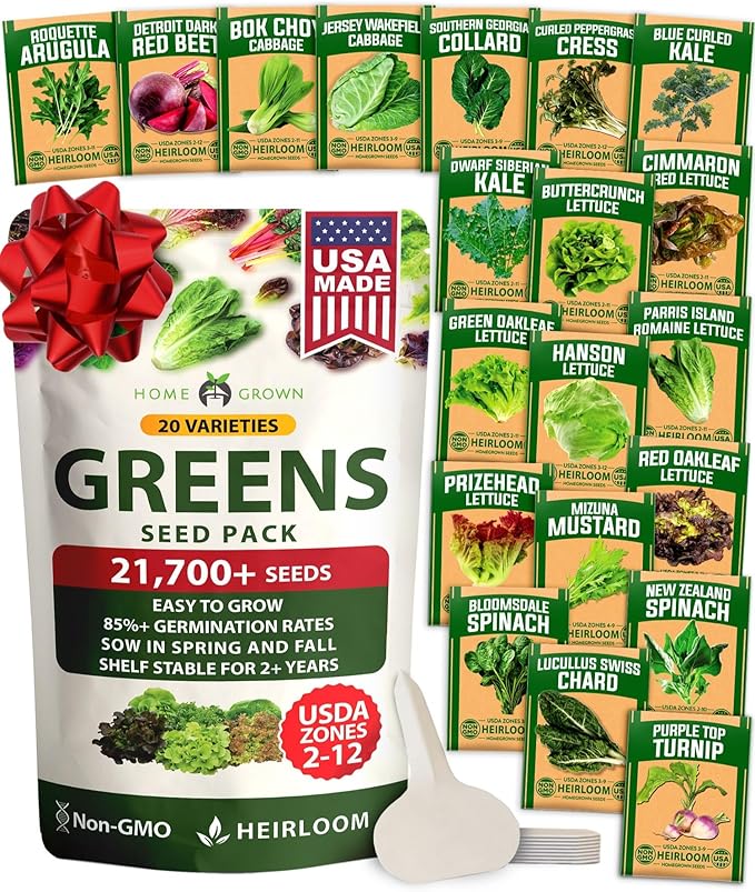 HOME GROWN 21,700+ Lettuce Seeds for Planting - 20 Heirloom Varieties, Non-GMO USA - Romaine, Butterhead, Iceberg, Leaf Lettuce, Spinach & Kale - Indoor, Outdoor & Hydroponic Garden Kit